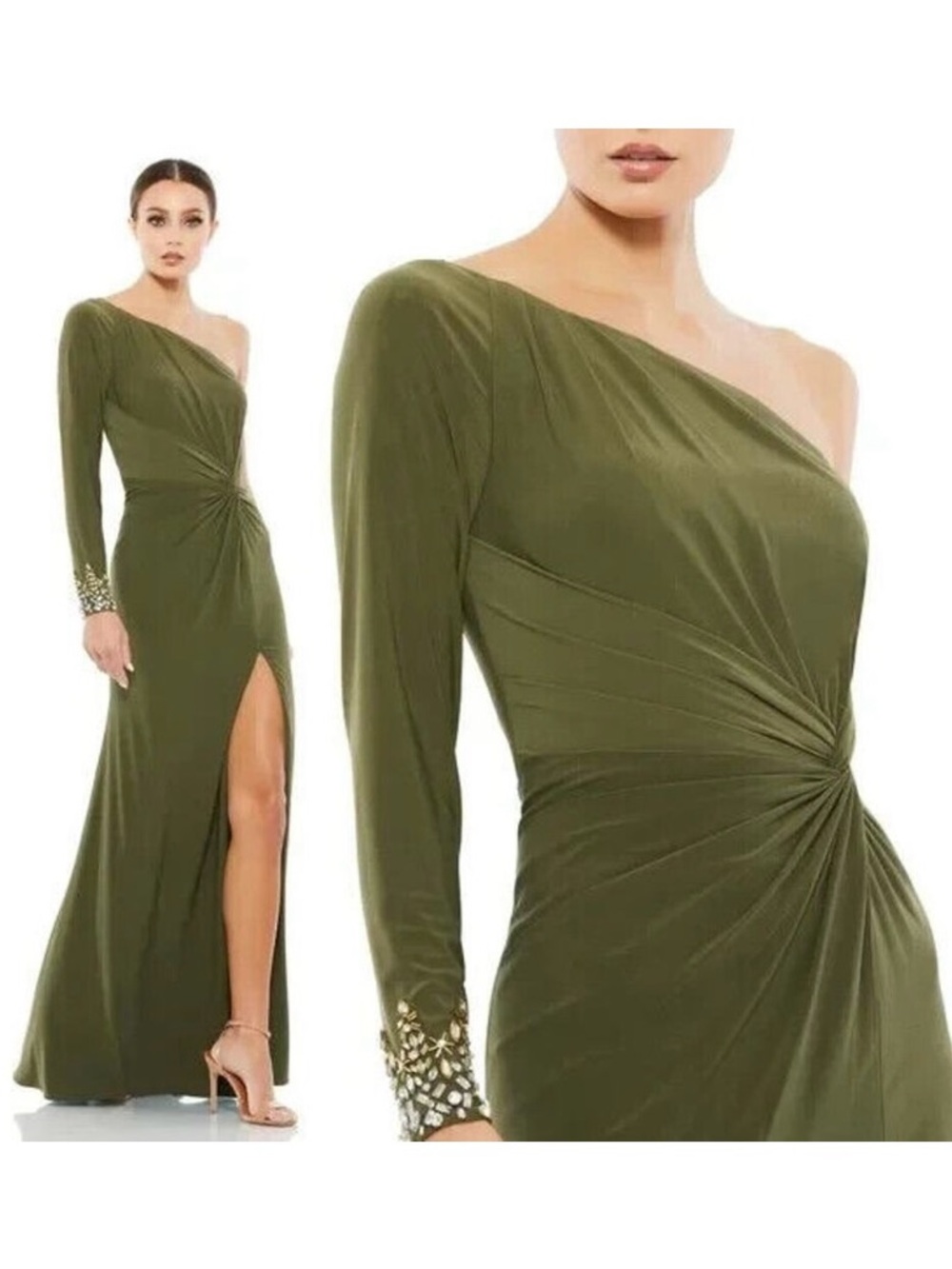 Mac Duggal One Sleeve Beaded Cuff Side Twist Gown Dress Olive Green 55696‎ 12489